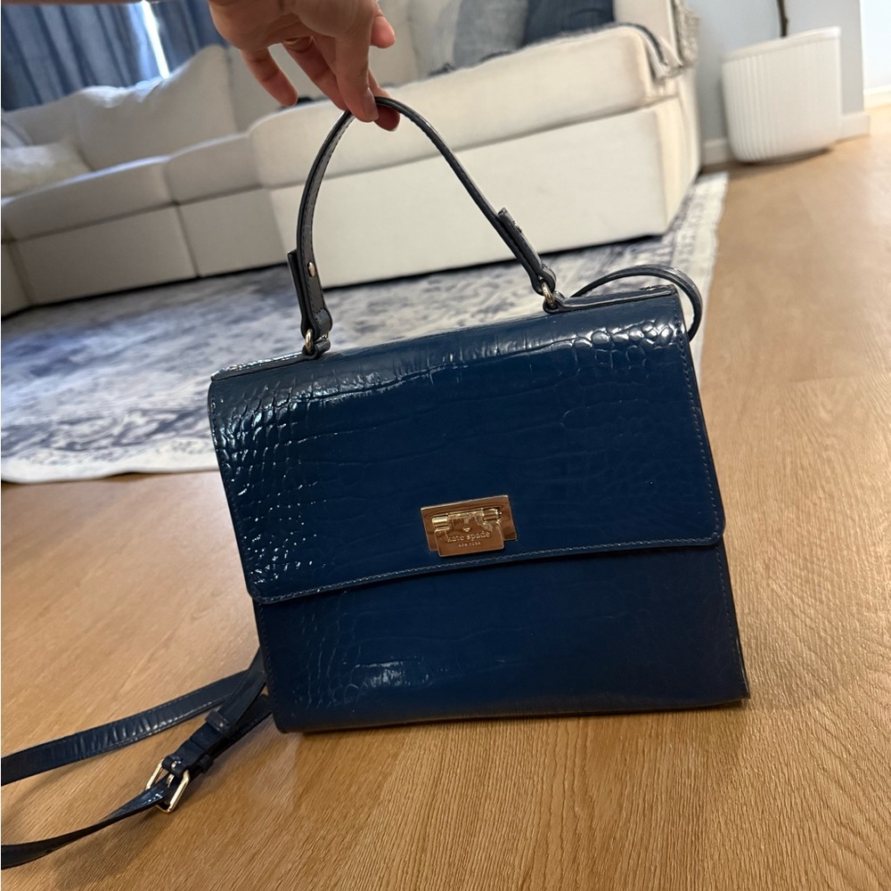 Elegant Blue Crocodile-Embossed Handbag